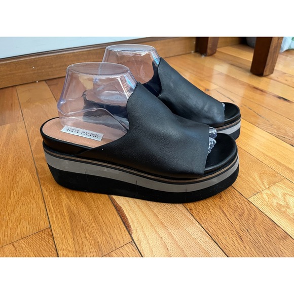 Steve Madden King Leather Slip-On Sandals Chunky Platform Black‎ Women 10M - Picture 1 of 7